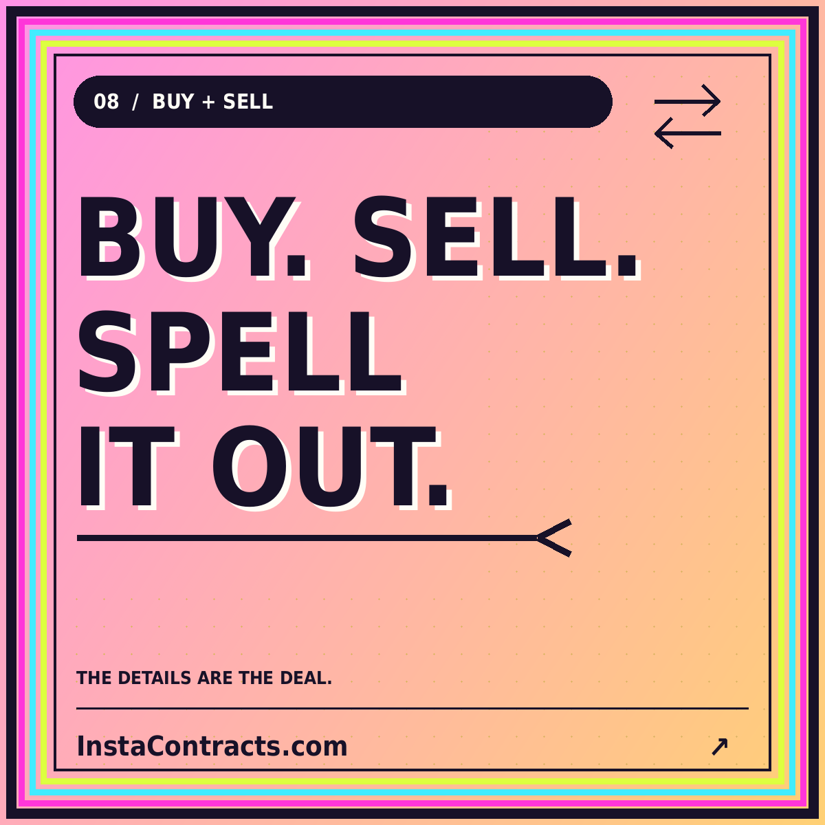 Buy. Sell. Spell it out. Neon typography card for Buy Sell Insta Contracts.