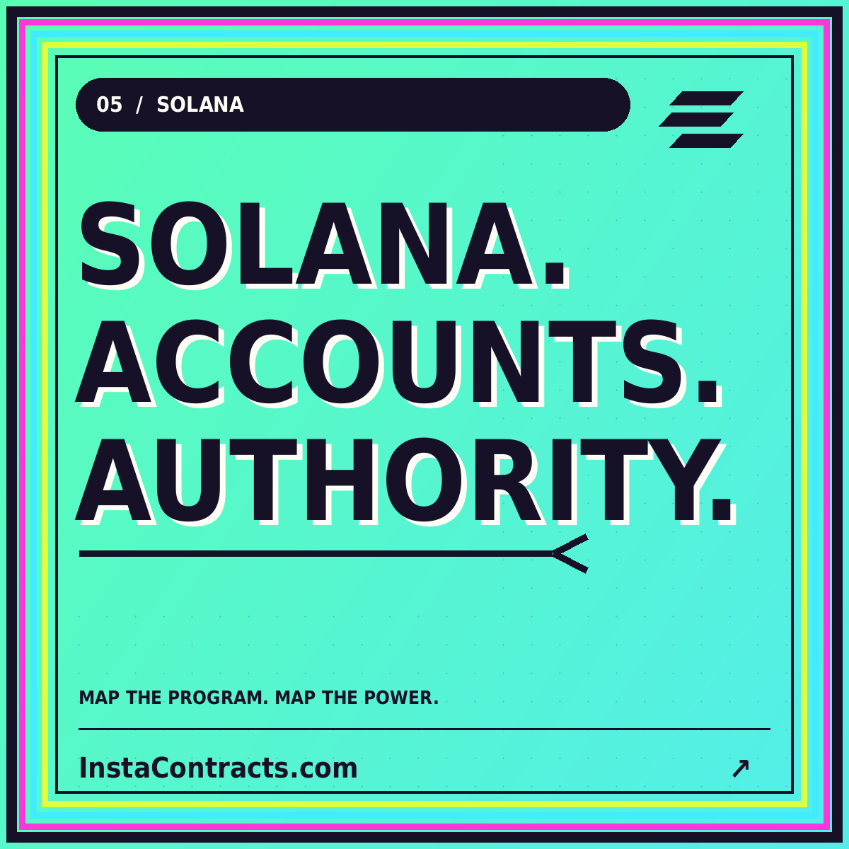 Accounts. Authority. Solana. Neon typography card for Solana Insta Contracts.
